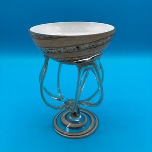 Vintage Canadian Art Glass Bowl - Tan & White Swirl 4-Footed Centerpiece